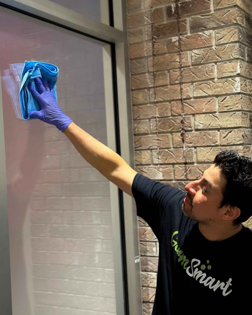 man wiping a window outside of a business
