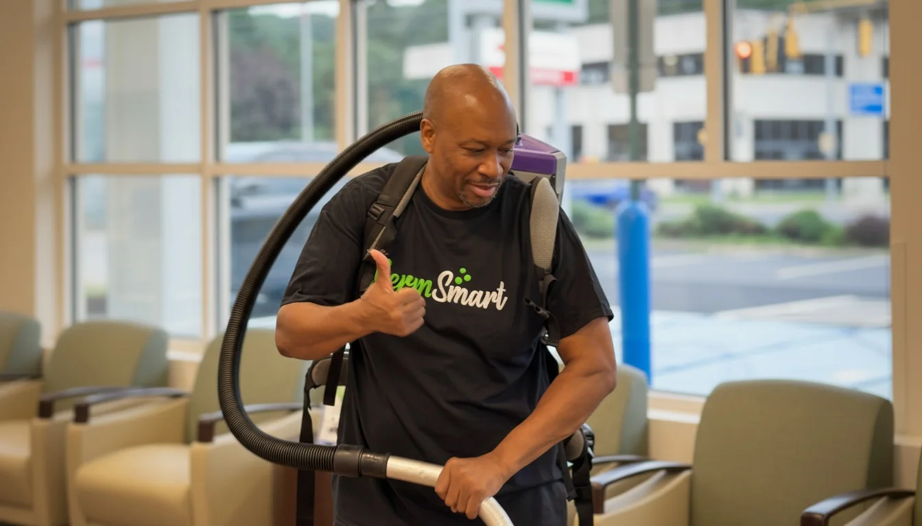 GermSmart cleaner vacuuming carpet in a commercial lobby
