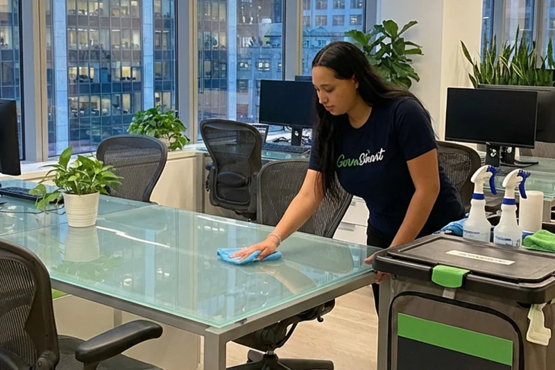 GermSmart cleaner wiping a glass conference table beside a stocked cleaning cart in a modern office