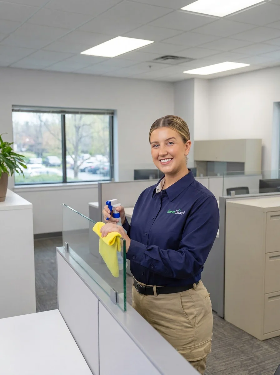 GermSmart professional cleaning a glass cubicle partition in a New York office