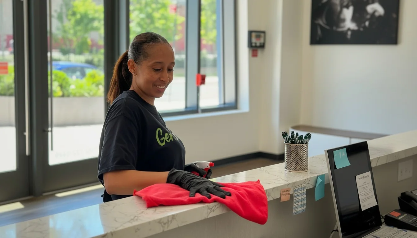 GermSmart team member cleaning a reception counter in a Manhattan office